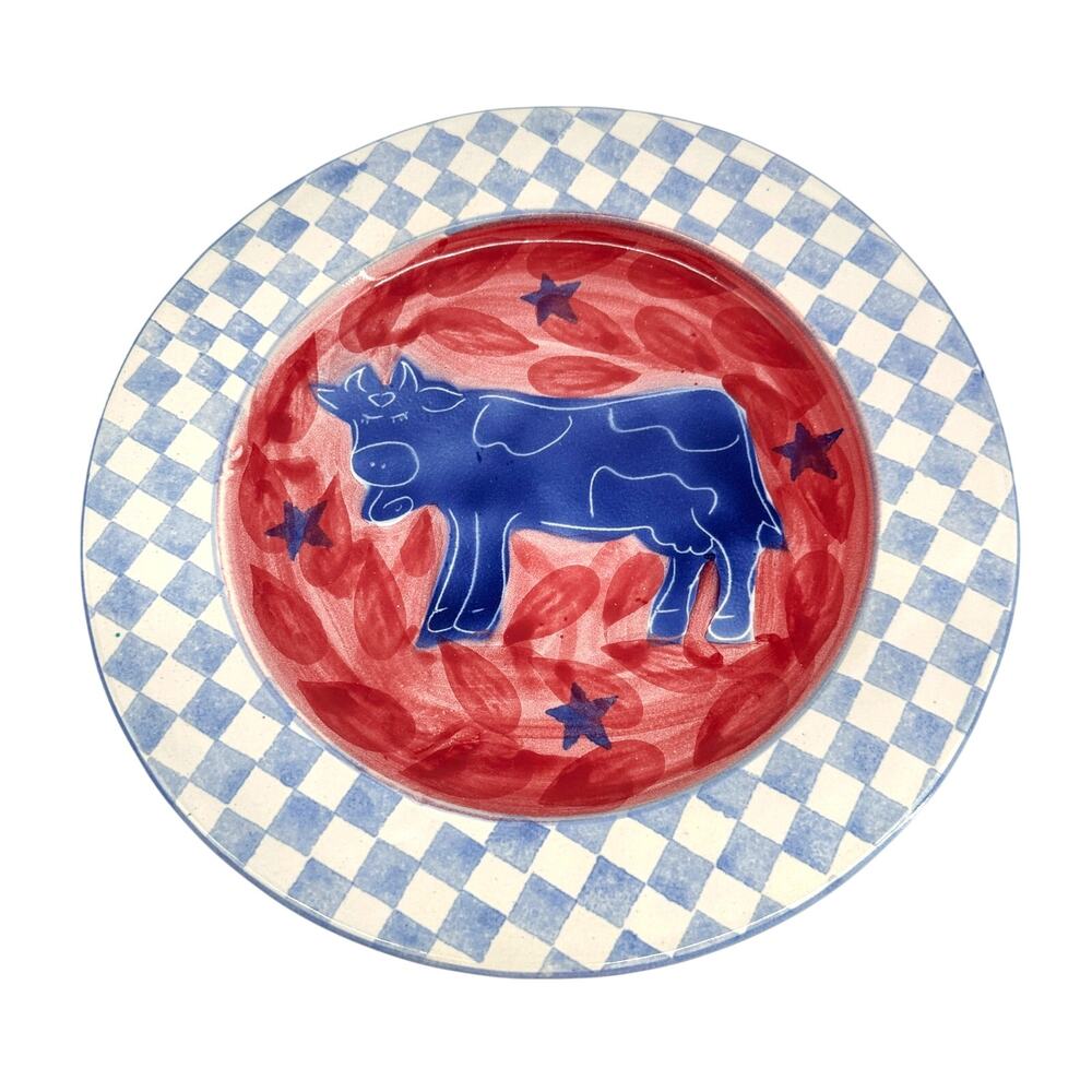 Signed Dan Lasser Ceramics Cow Plate Vermont Folk Art Cottagecore Pottery